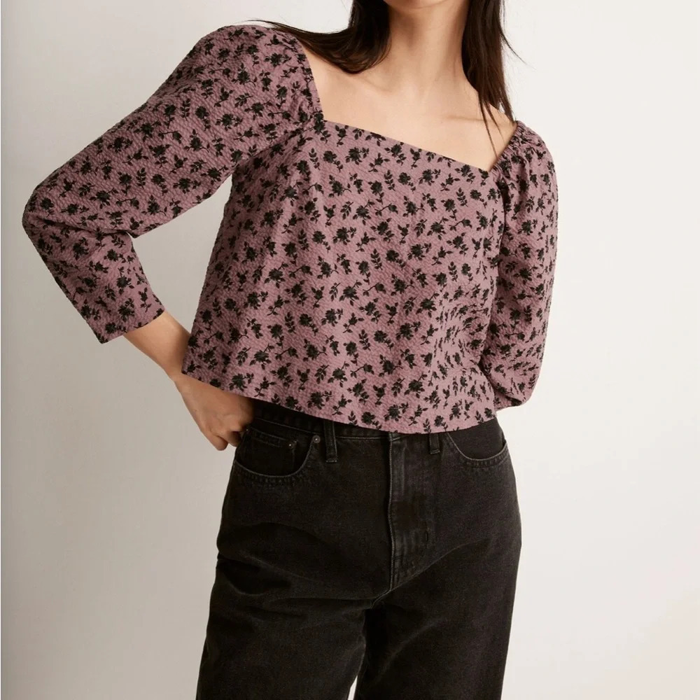 Madewell Seersucker Square Neck Top In Floral Size XS Purple Cropped NWT